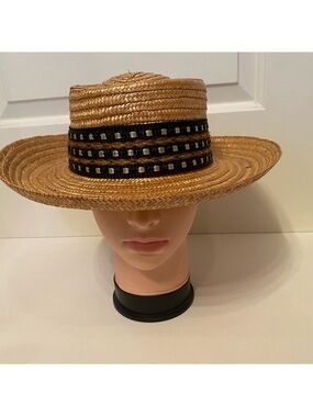 MIRIAM LEFCOURT HAT HANDCRAFTED ITALY STRAW GAMBLER BROWN WIDE BRIM BLACK RIBBON